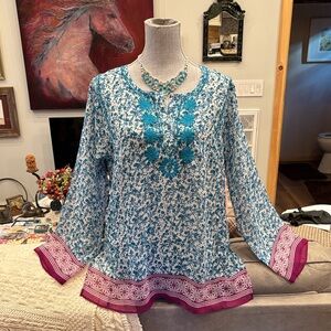 Floral Blue and Pink Women's Top 100% silk what a beauty!